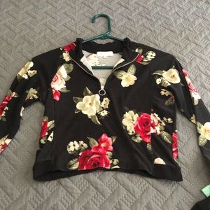 Black flowered v neck top
